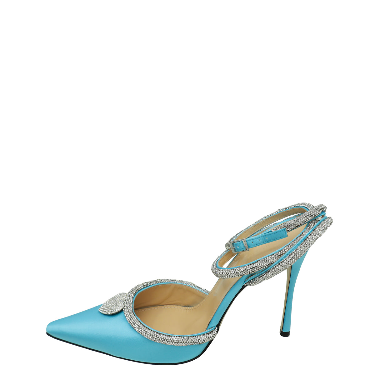 Mach & Mach Light Blue Satin Crystal Heart Embellished Ankle Strap Pumps 40.5