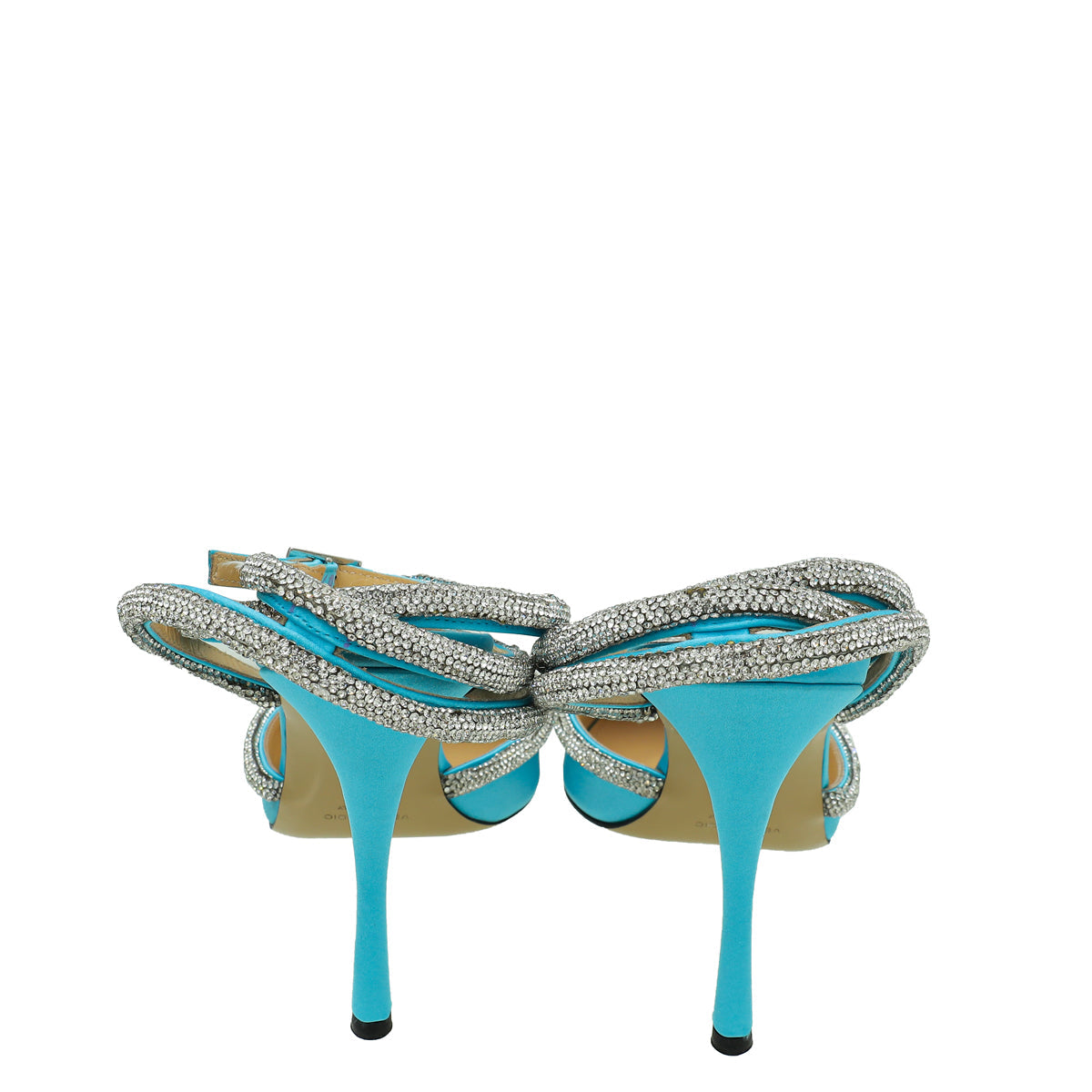 Mach & Mach Light Blue Satin Crystal Heart Embellished Ankle Strap Pumps 40.5