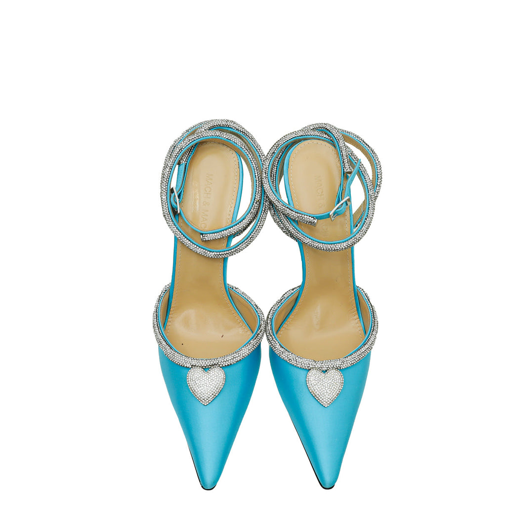 Mach & Mach Light Blue Satin Crystal Heart Embellished Ankle Strap Pumps 40.5