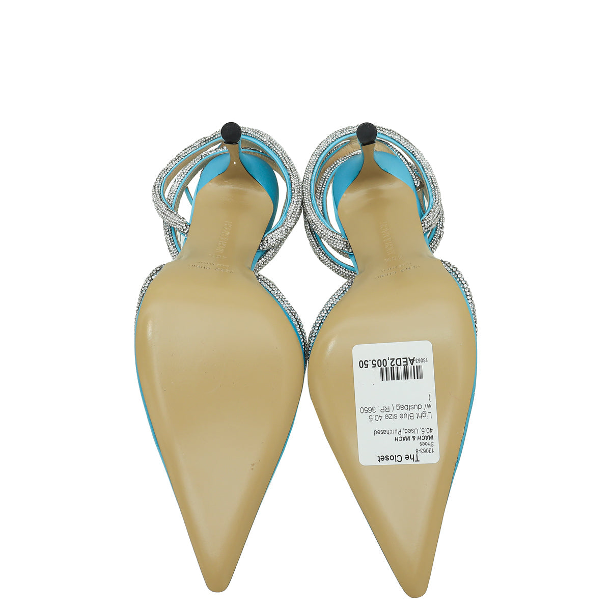 Mach & Mach Light Blue Satin Crystal Heart Embellished Ankle Strap Pumps 40.5
