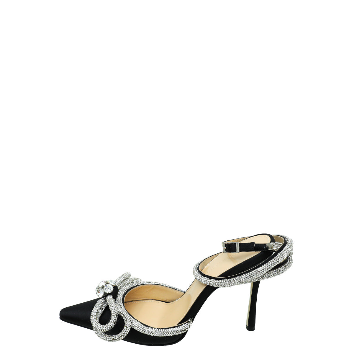 Mach & Mach Black Satin Crystal Bow Ankle Strap Pumps 37.5