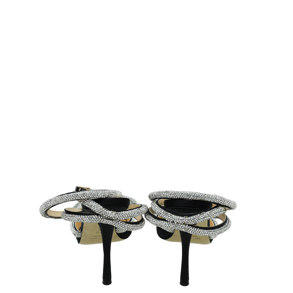 Mach & Mach Black Satin Crystal Bow Ankle Strap Pumps 37.5