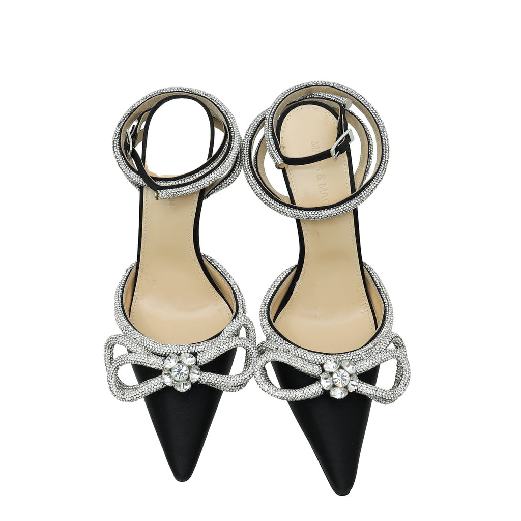 Mach & Mach Black Satin Crystal Bow Ankle Strap Pumps 37.5