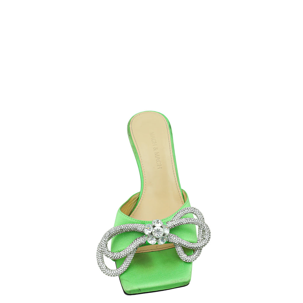 Mach & Mach Green Satin Double Bow Crystal Mules 37