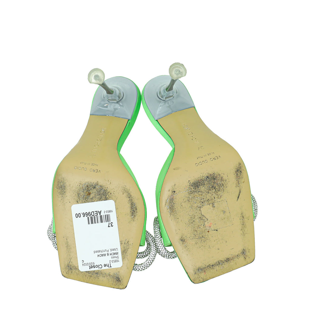 Mach & Mach Green Satin Double Bow Crystal Mules 37