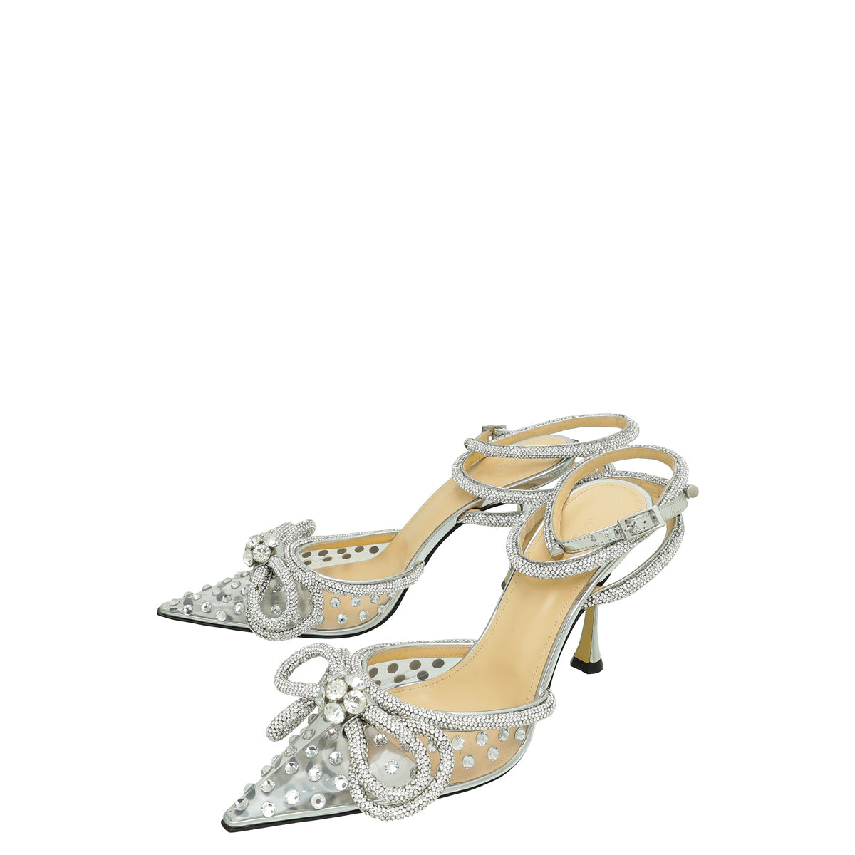Mach & Mach Silver Crystal Embellished PVC Crystal Bow Ankle Strap Pumps 38.5