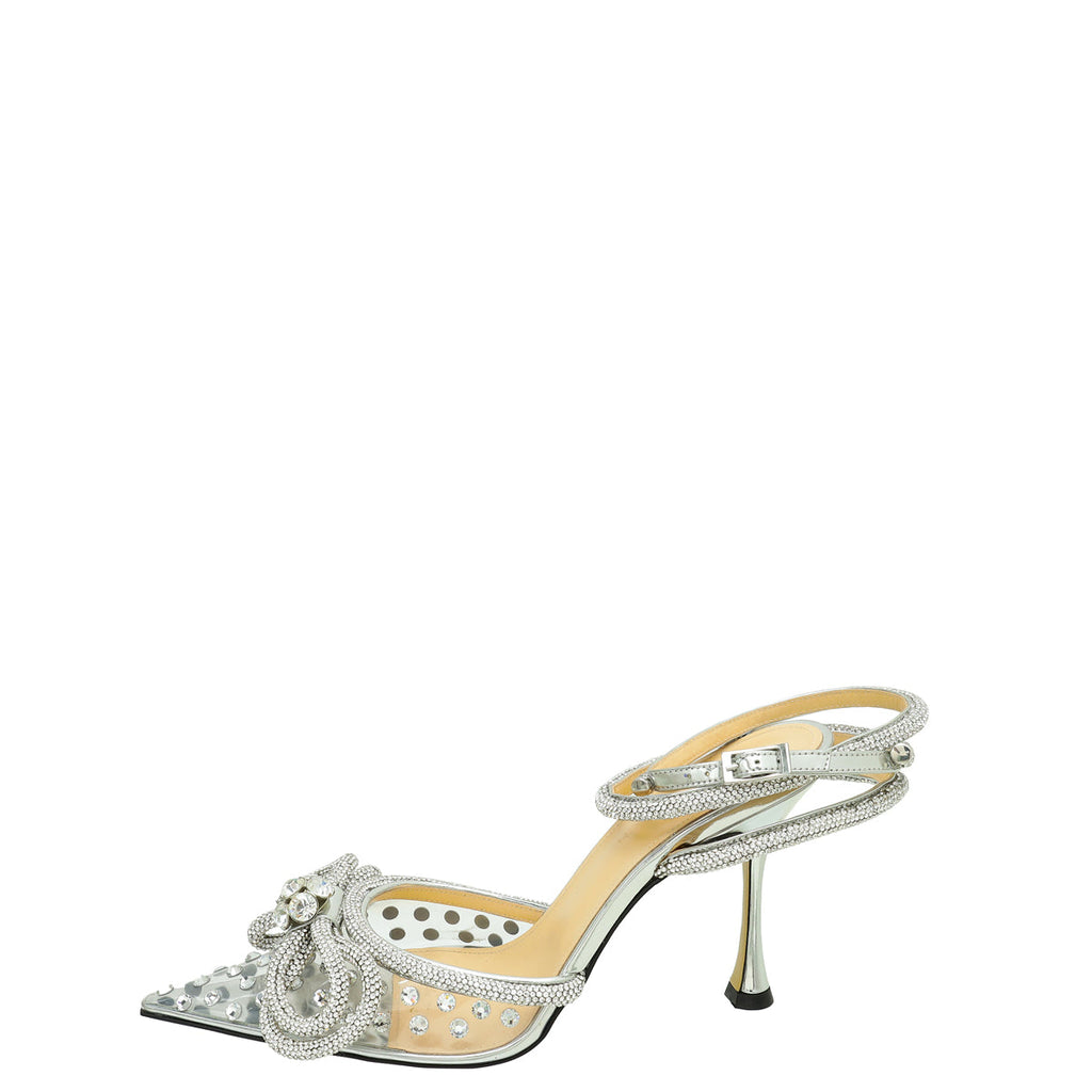 Mach & Mach Silver Crystal Embellished PVC Crystal Bow Ankle Strap Pumps 38.5
