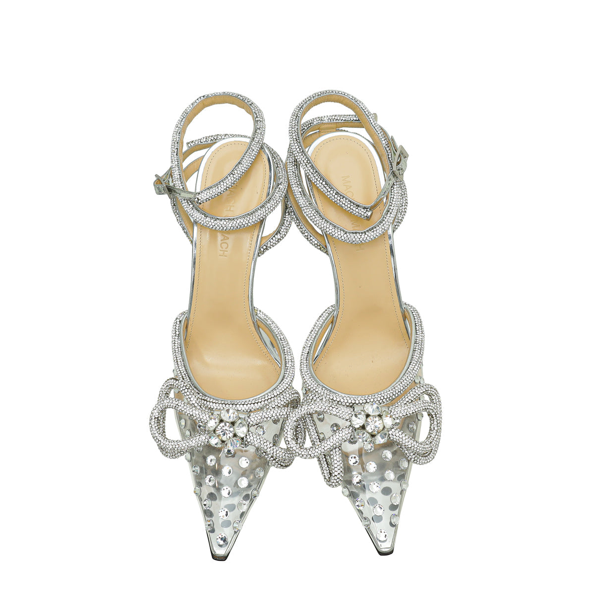 Mach & Mach Silver Crystal Embellished PVC Crystal Bow Ankle Strap Pumps 38.5