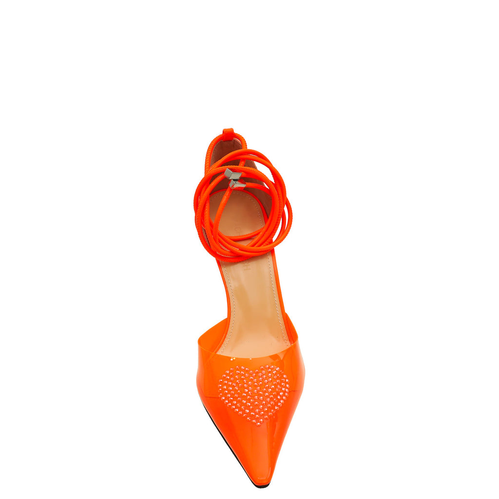 Mach & Mach Neon Orange Heart Crystal Tie Ankle Strap PVC Pump 38.5