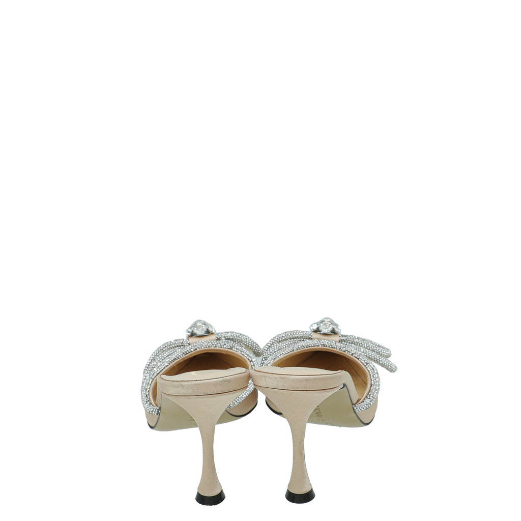 Mach & Mach Golden Beige Satin Double Bow Crystal Mules 38
