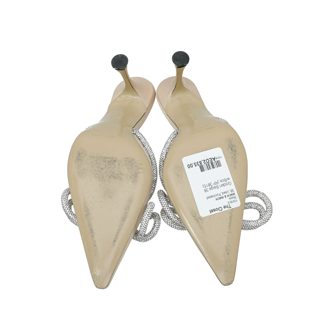 Mach & Mach Golden Beige Satin Double Bow Crystal Mules 38