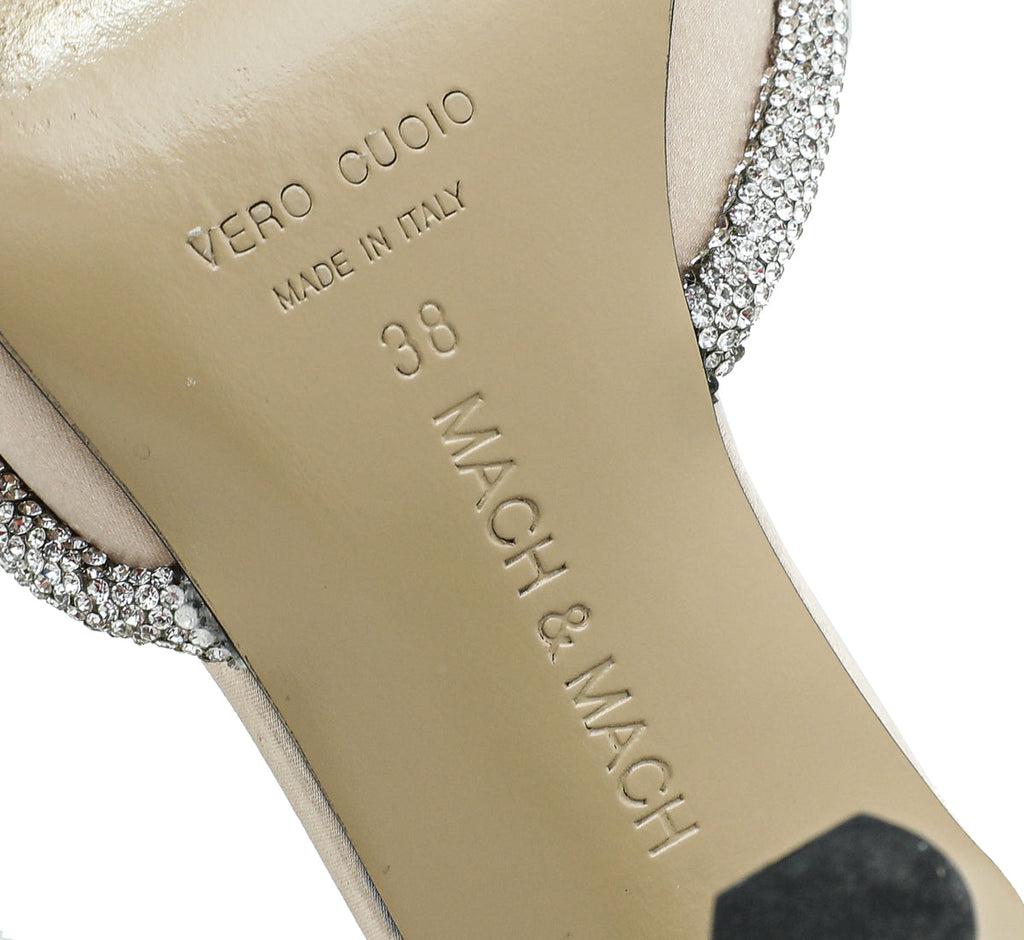 Mach & Mach Golden Beige Satin Double Bow Crystal Mules 38