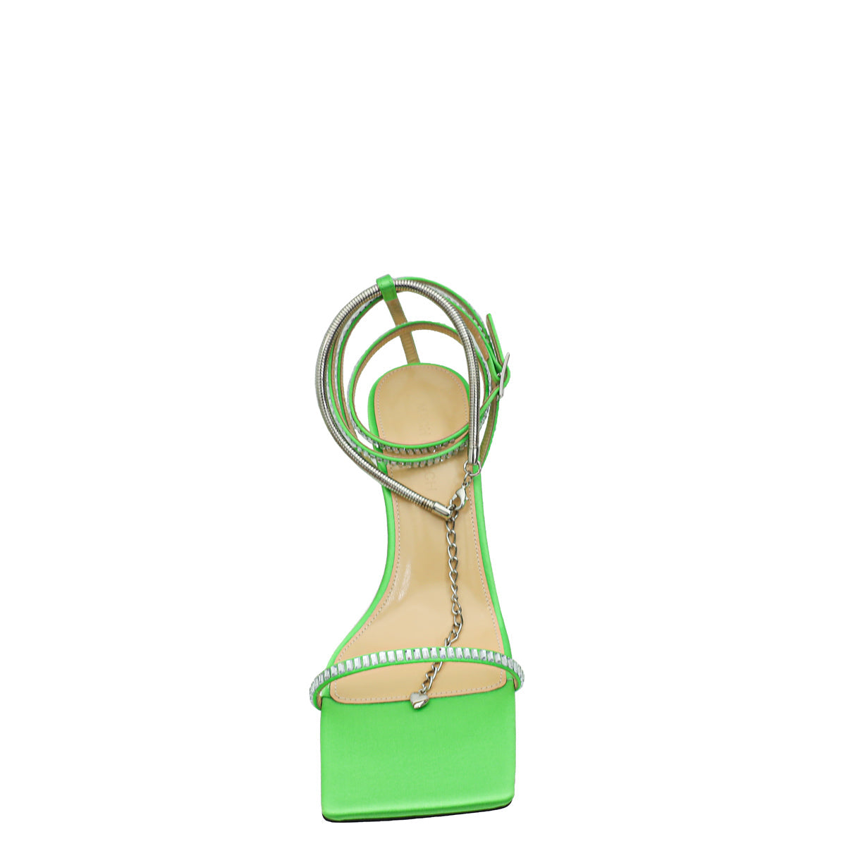 Mach & Mach Apple Green Satin Heart Heeled Crystal Ankle Strap 38
