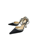 Mach & Mach Black Satin Audrey Crystal Heart Ankle Strap Pumps 39
