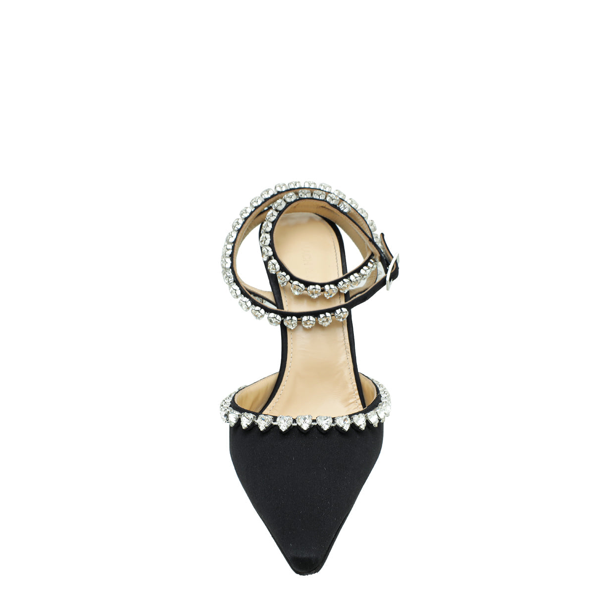 Mach & Mach Black Satin Audrey Crystal Heart Ankle Strap Pumps 39