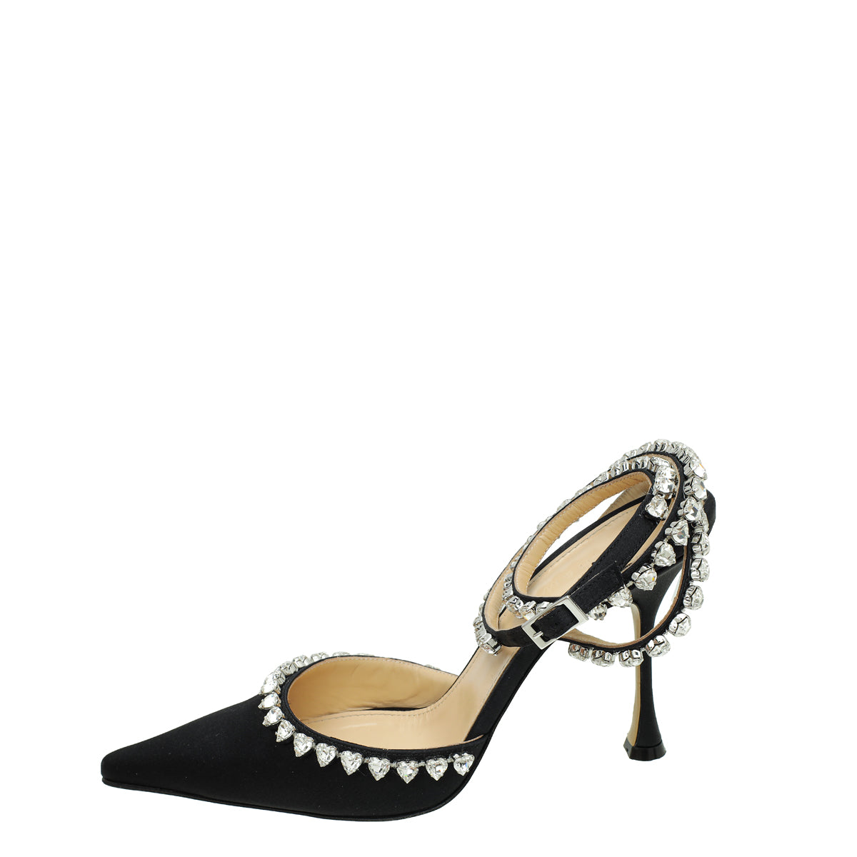 Mach & Mach Black Satin Audrey Crystal Heart Ankle Strap Pumps 39