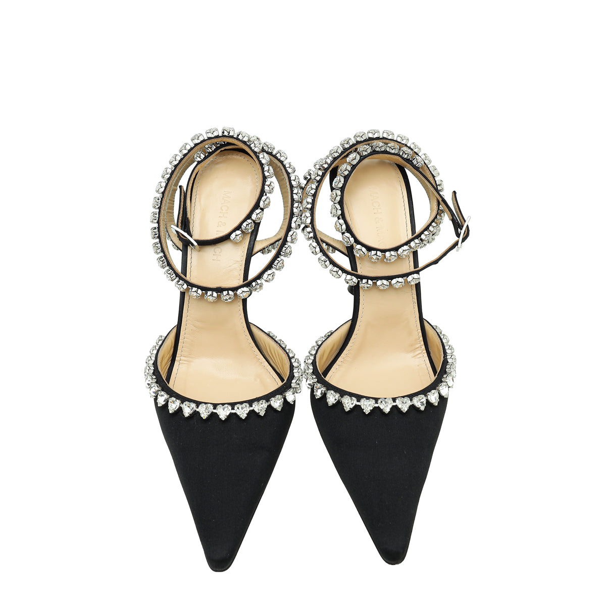 Mach & Mach Black Satin Audrey Crystal Heart Ankle Strap Pumps 39