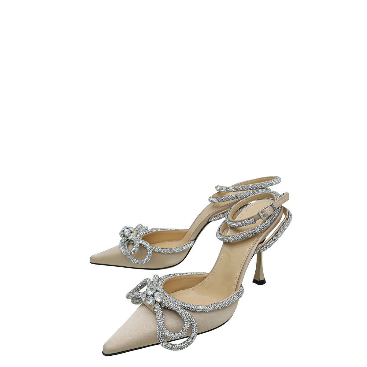 Mach & Mach Golden Beige Satin Crystal Double Bow Ankle Strap 39