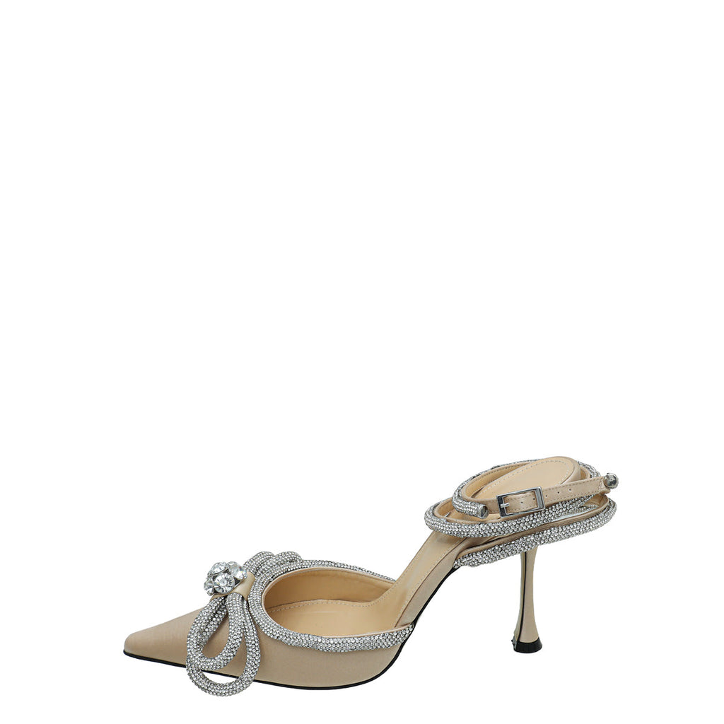 Mach & Mach Golden Beige Satin Crystal Double Bow Ankle Strap 39