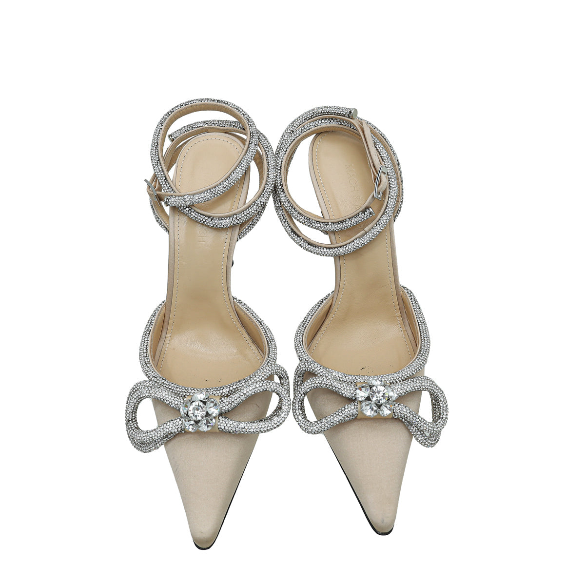 Mach & Mach Golden Beige Satin Crystal Double Bow Ankle Strap 39