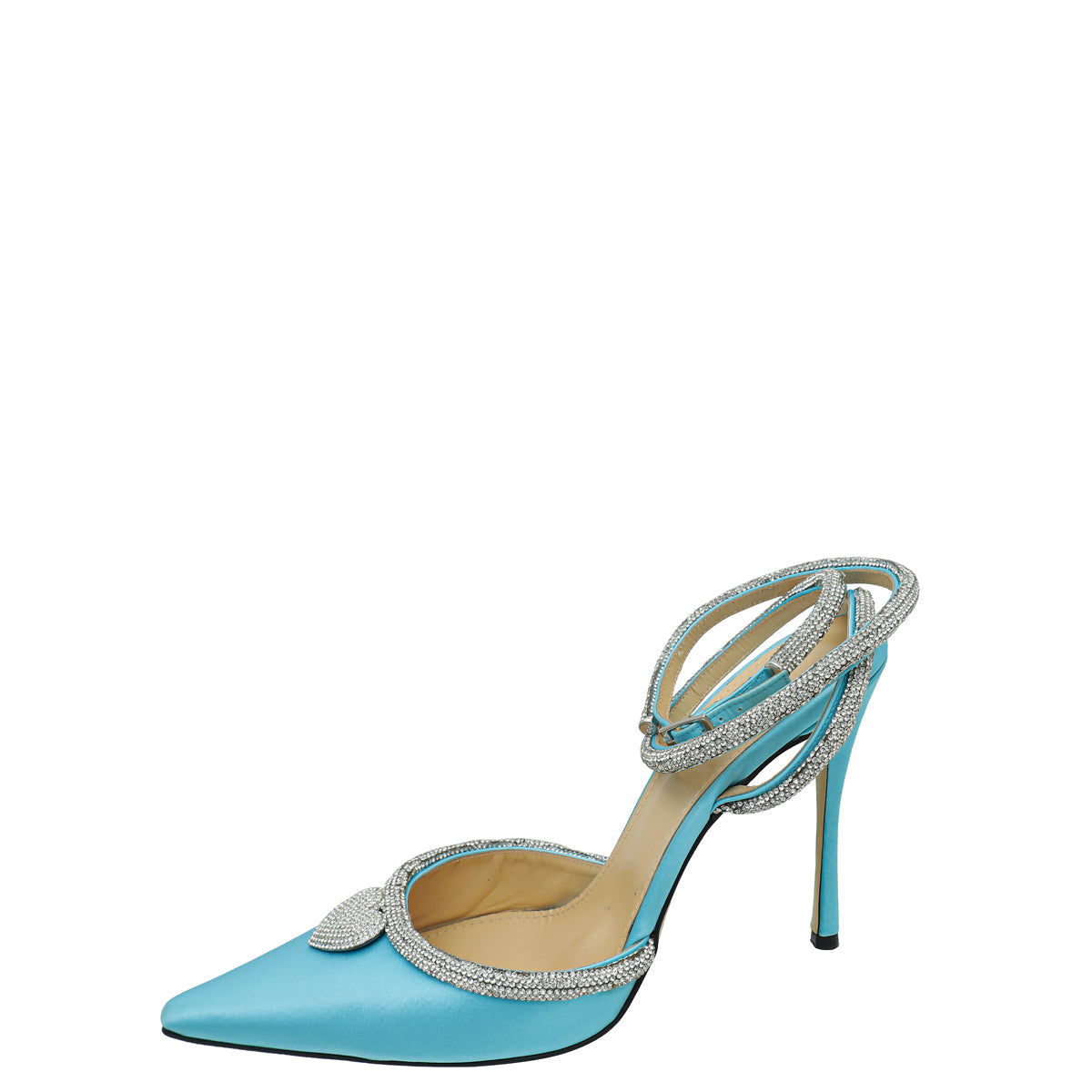 Mach & Mach Blue Satin Crystal Heart Embellished Ankle Strap Pumps 40.5