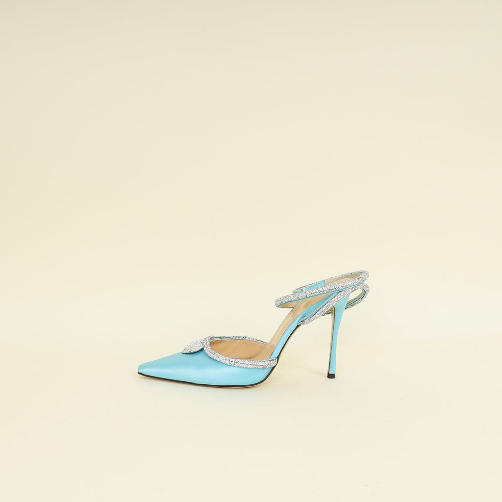 Mach & Mach Light Blue Satin Crystal Heart Embellished Ankle Strap Pumps 40.5