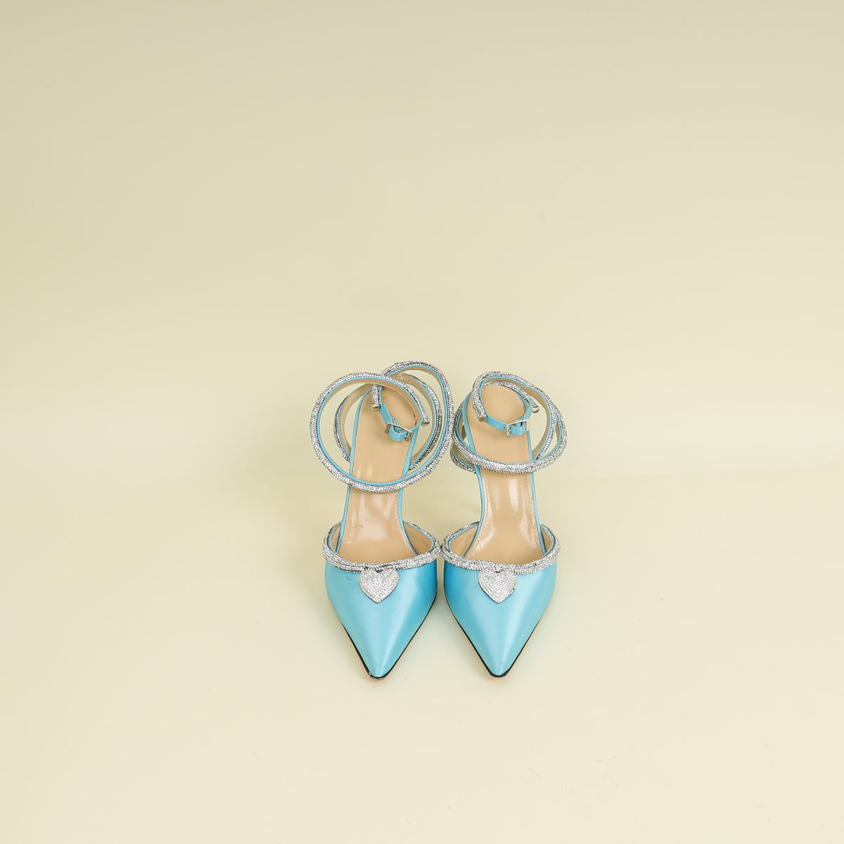 Mach & Mach Light Blue Satin Crystal Heart Embellished Ankle Strap Pumps 40.5