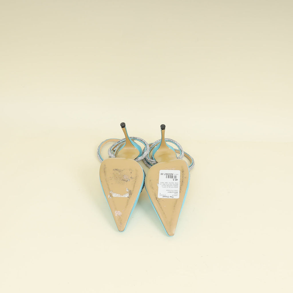Mach & Mach Light Blue Satin Crystal Heart Embellished Ankle Strap Pumps 40.5