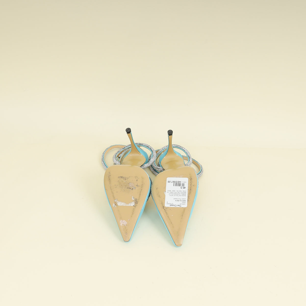Mach & Mach Light Blue Satin Crystal Heart Embellished Ankle Strap Pumps 40.5