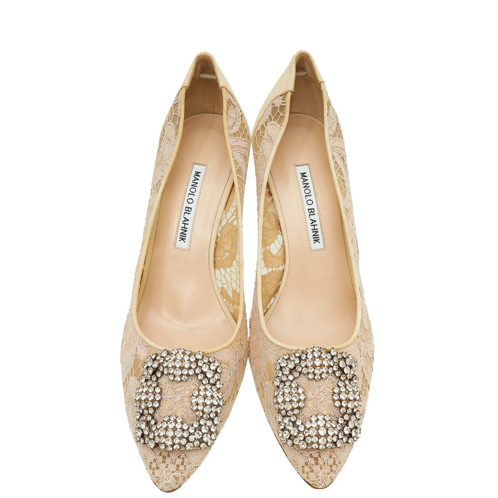 Manolo Blahnik Powder Nude Hangisi Lace Embellished Pump 39