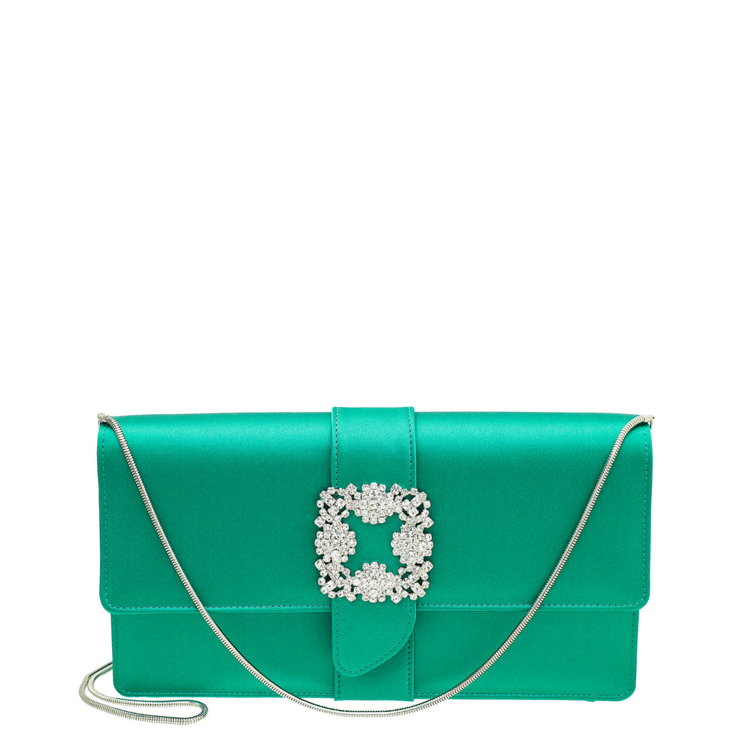 Manolo Blahnik Emerald Green Satin Gothisi Chain Clutch