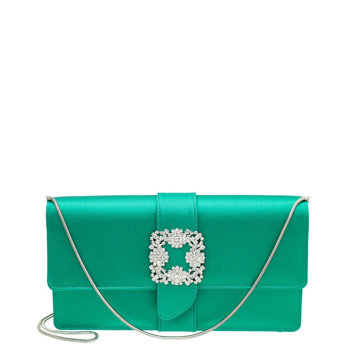 Manolo Blahnik Emerald Green Satin Gothisi Chain Clutch