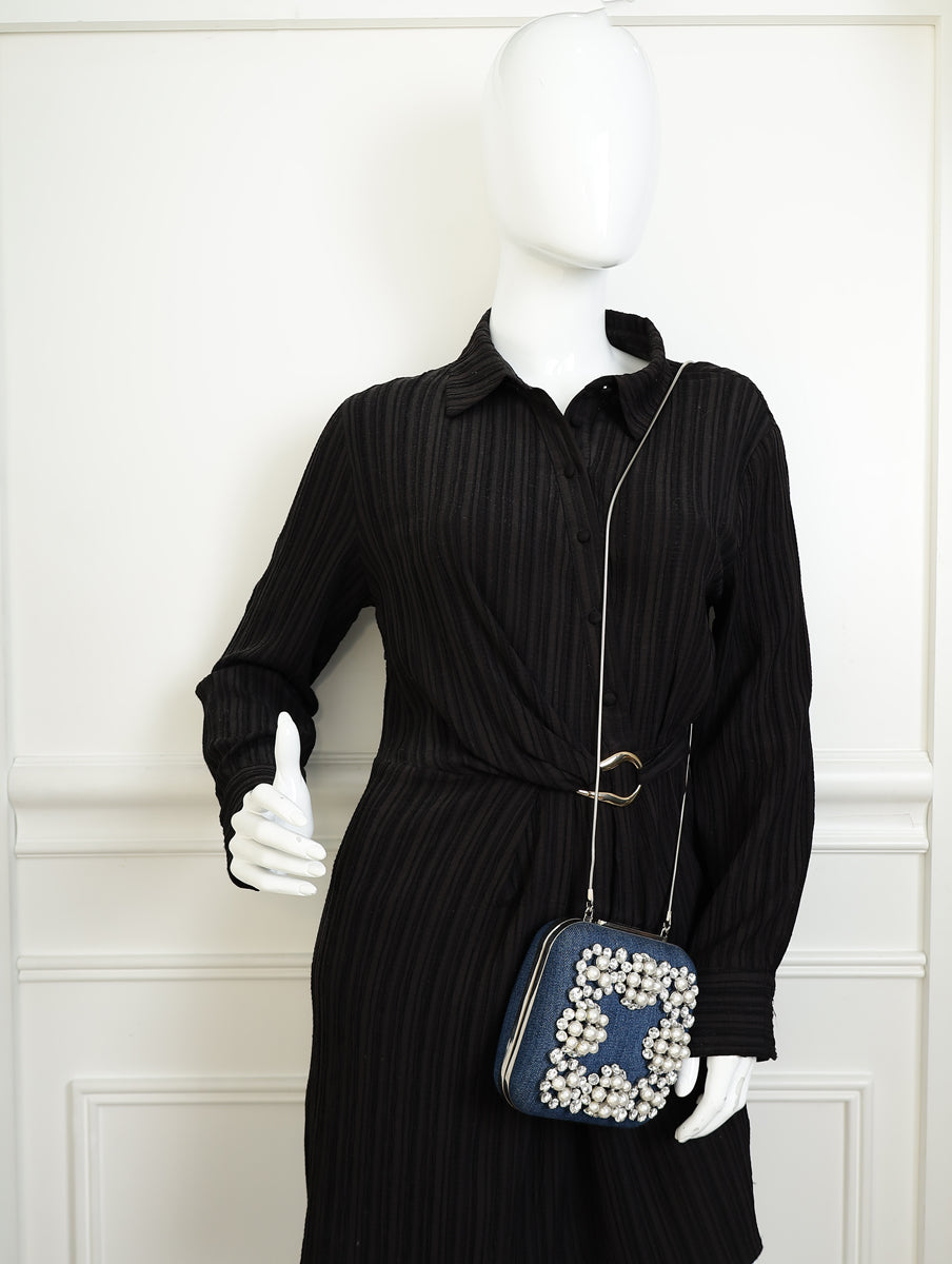 Manolo Blahnik Blue Denim Pearl Embellished Hangisi Clutch Bag