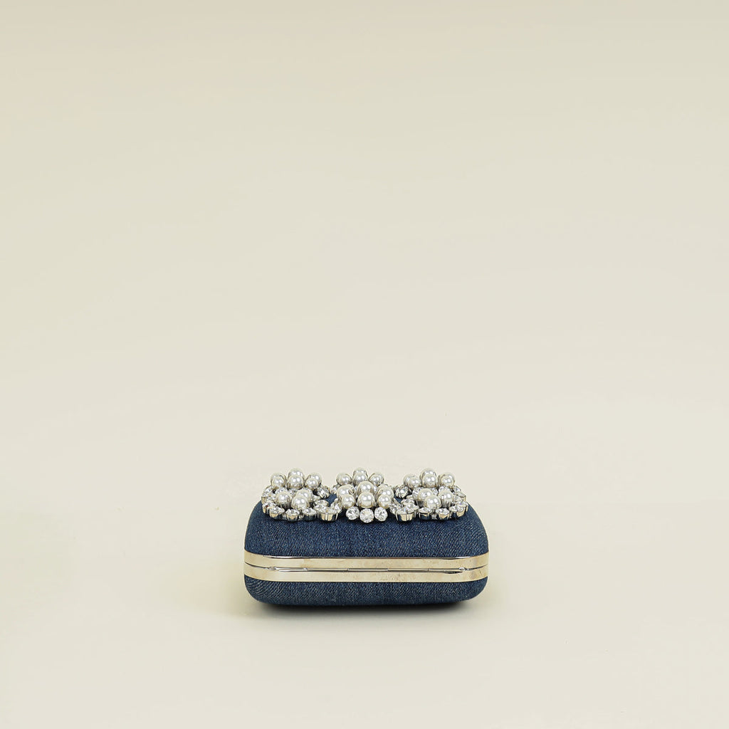 Manolo Blahnik Blue Denim Pearl Embellished Hangisi Clutch Bag