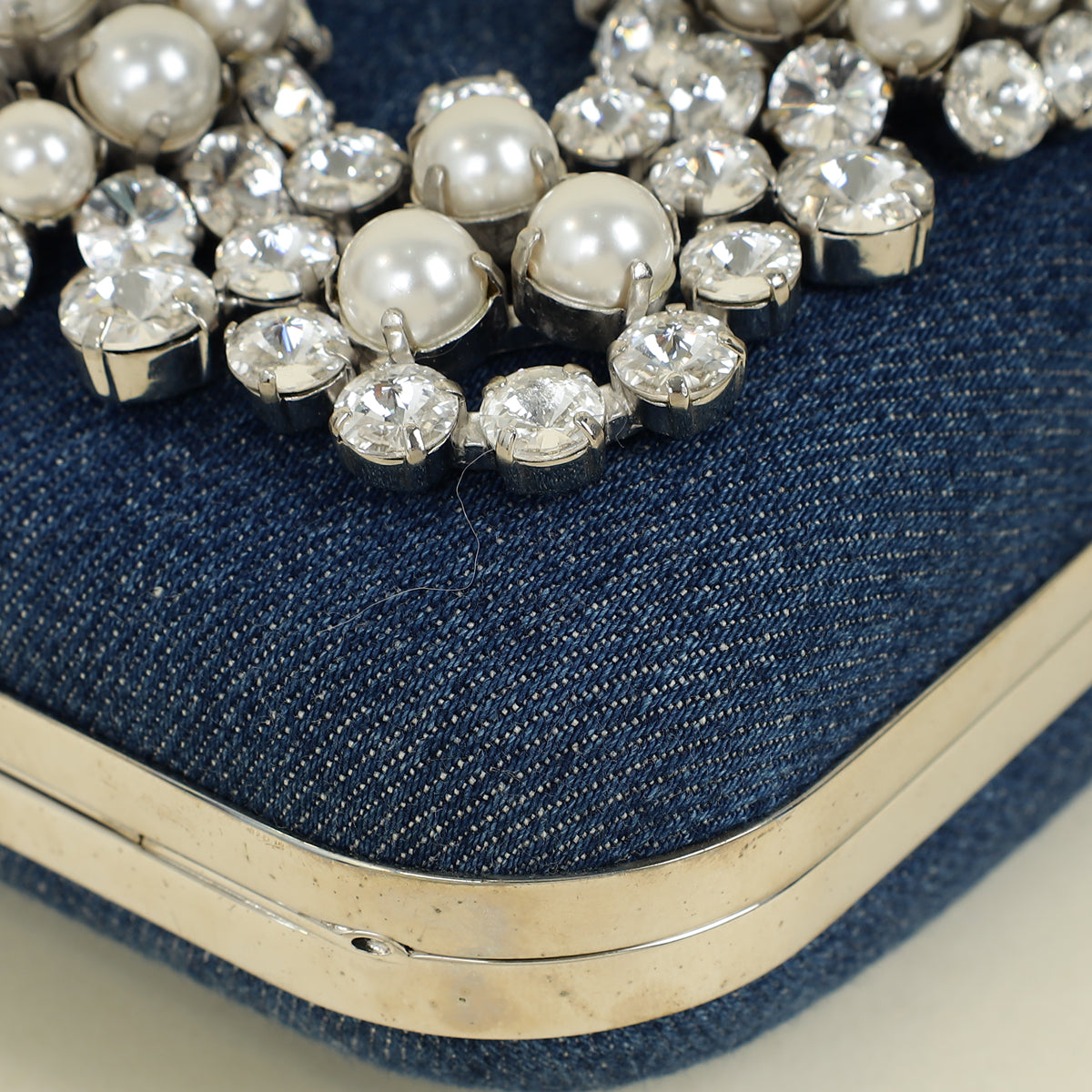 Manolo Blahnik Blue Denim Pearl Embellished Hangisi Clutch Bag