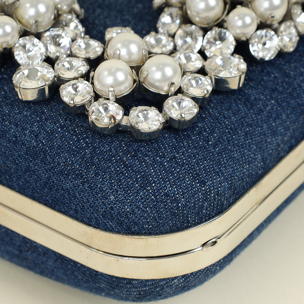 Manolo Blahnik Blue Denim Pearl Embellished Hangisi Clutch Bag