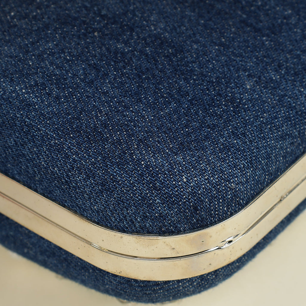Manolo Blahnik Blue Denim Pearl Embellished Hangisi Clutch Bag