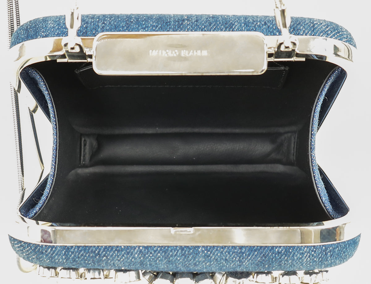 Manolo Blahnik Blue Denim Pearl Embellished Hangisi Clutch Bag