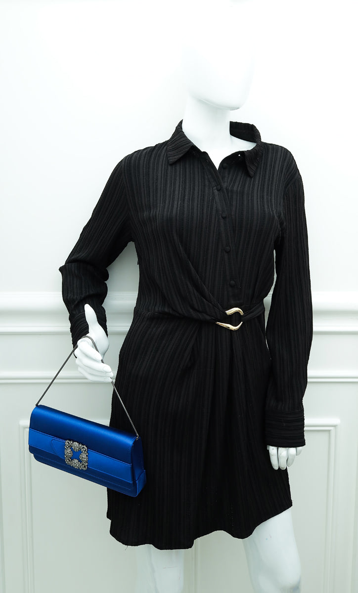 Manolo Blahnik Royal Blue Satin Gothisi Jewel Buckle Clutch