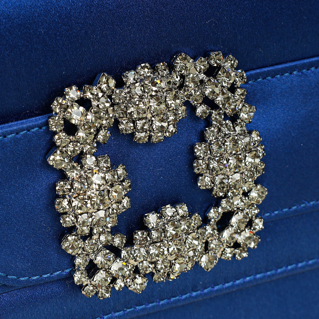 Manolo Blahnik Navy Blue Satin Gothisi Jewel Buckle Clutch