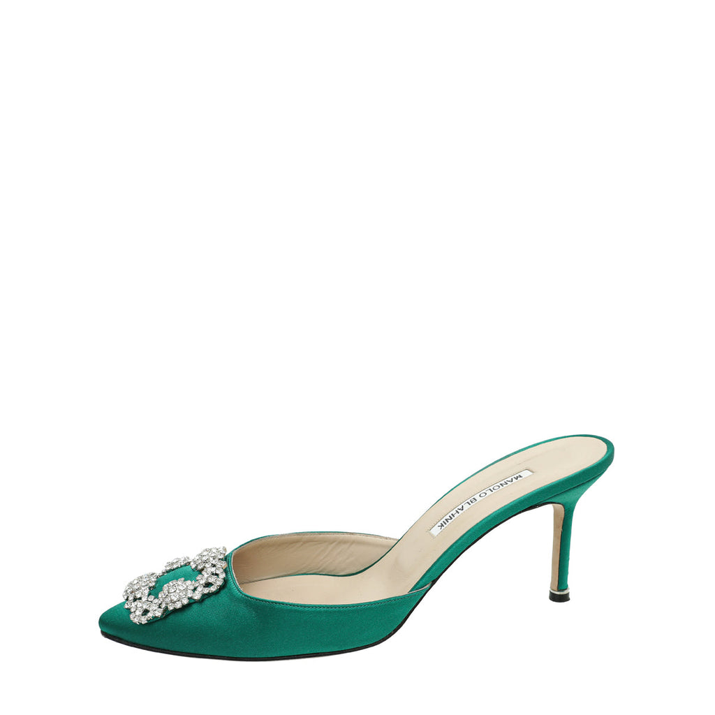 Manolo Blahnik Green Satin Hangisi Mules 41.5