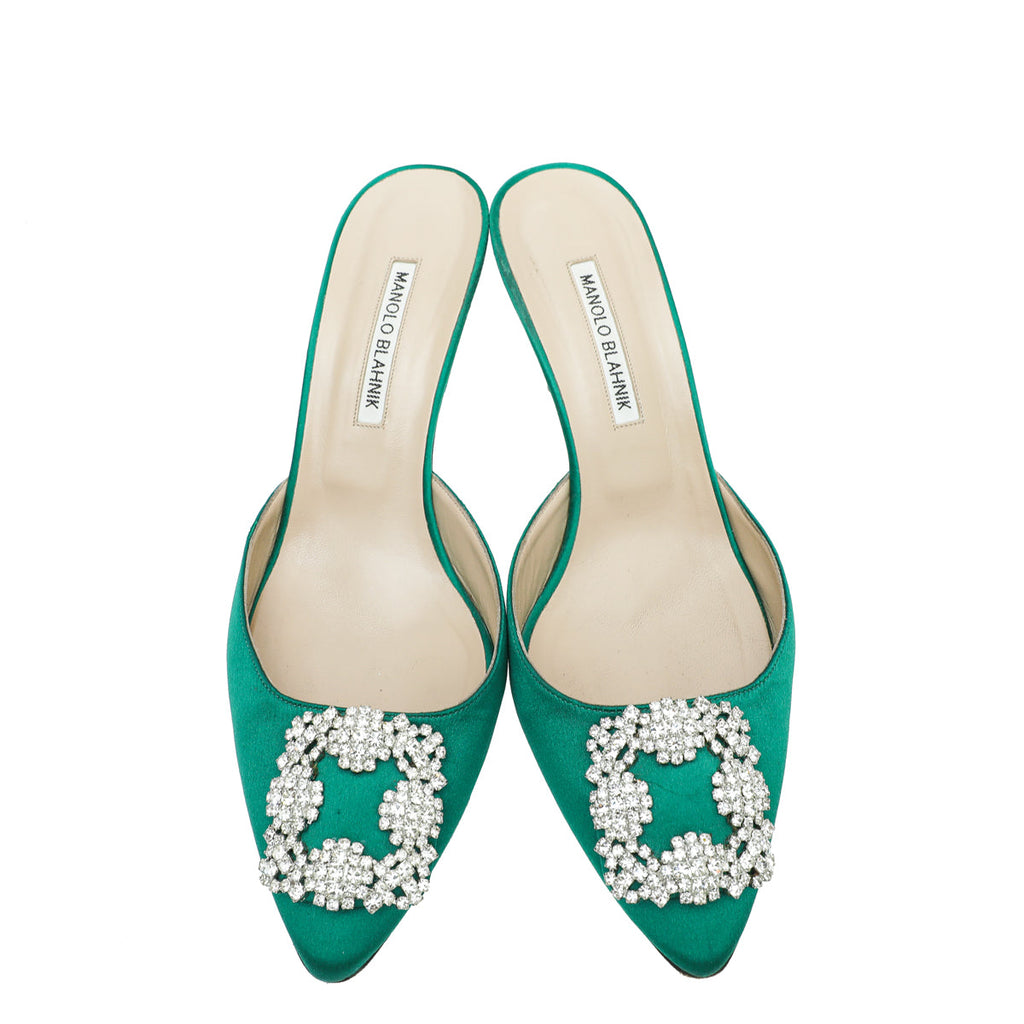 Manolo Blahnik Green Satin Hangisi Mules 41.5
