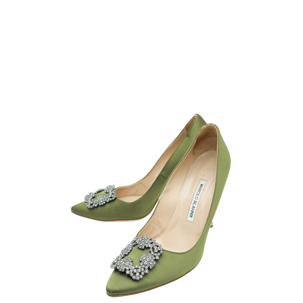 Manolo Blahnik Olive Green Satin Hangisi Crystal Pump 38