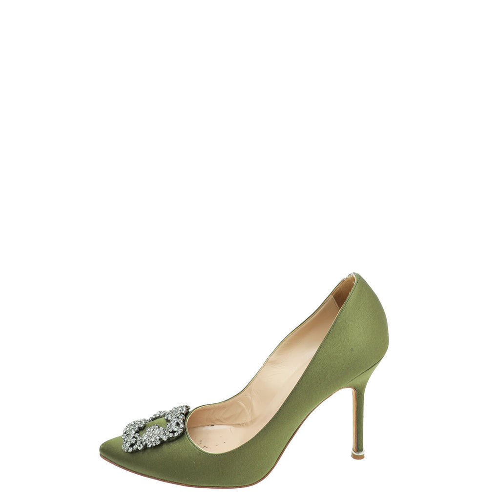 Manolo Blahnik Olive Green Satin Hangisi Crystal Pump 38