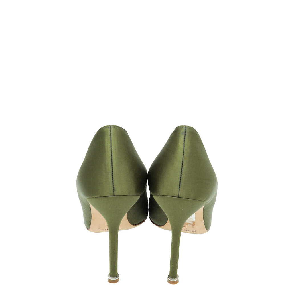 Manolo Blahnik Olive Green Satin Hangisi Crystal Pump 38