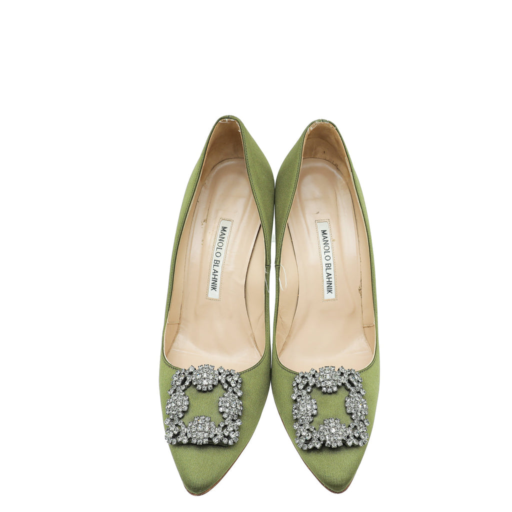 Manolo Blahnik Olive Green Satin Hangisi Crystal Pump 38