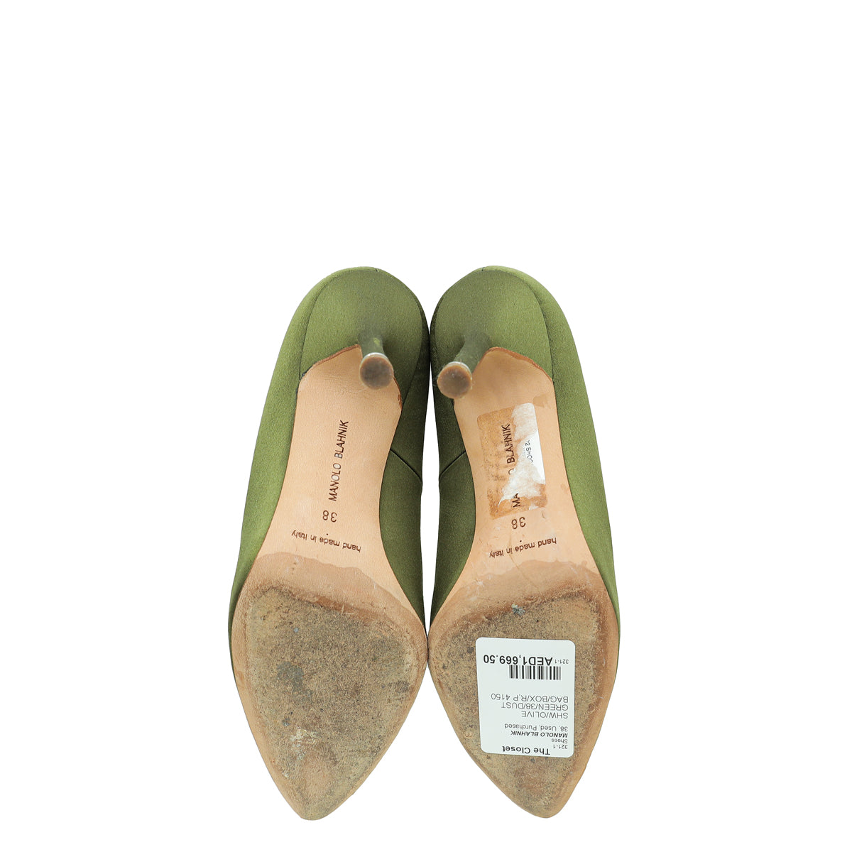 Manolo Blahnik Olive Green Satin Hangisi Crystal Pump 38