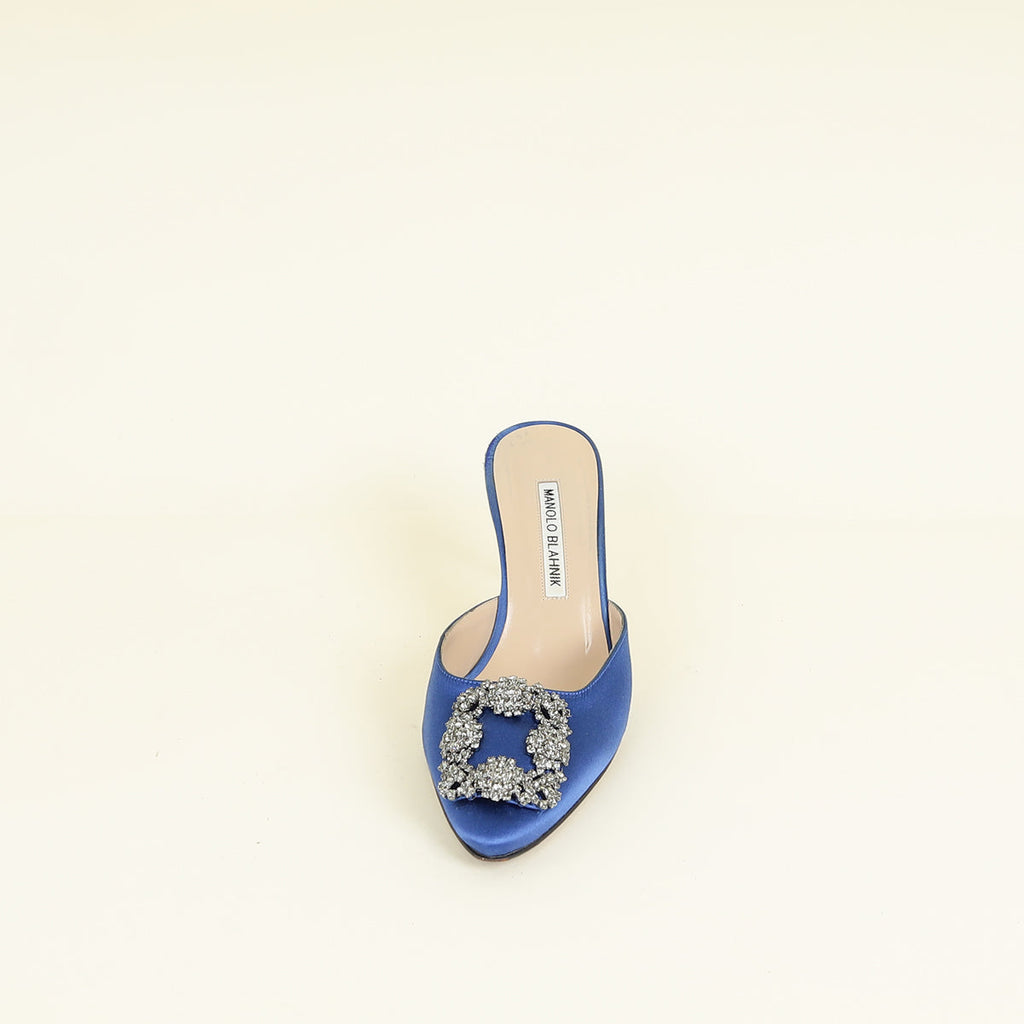 Manolo Blahnik Blue Satin Hangisi Mules 36.5