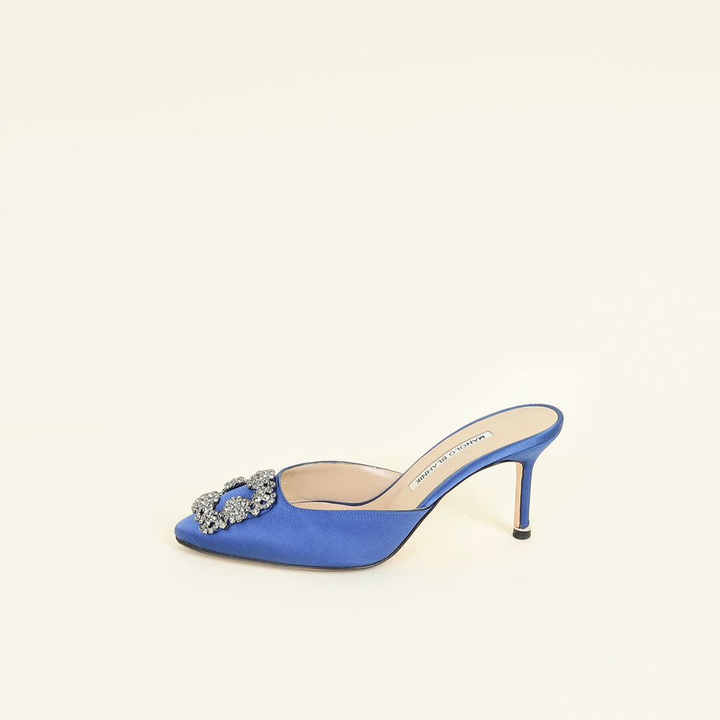 Manolo Blahnik Blue Satin Hangisi Mules 36.5