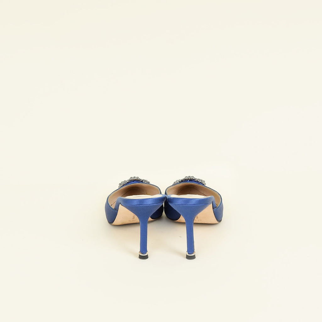 Manolo Blahnik Blue Satin Hangisi Mules 36.5